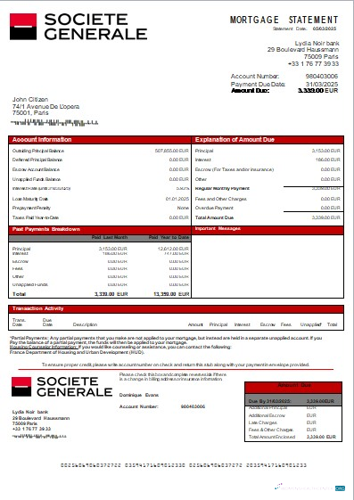 Download France Société Générale bank mortgage statement scr Photoshop template